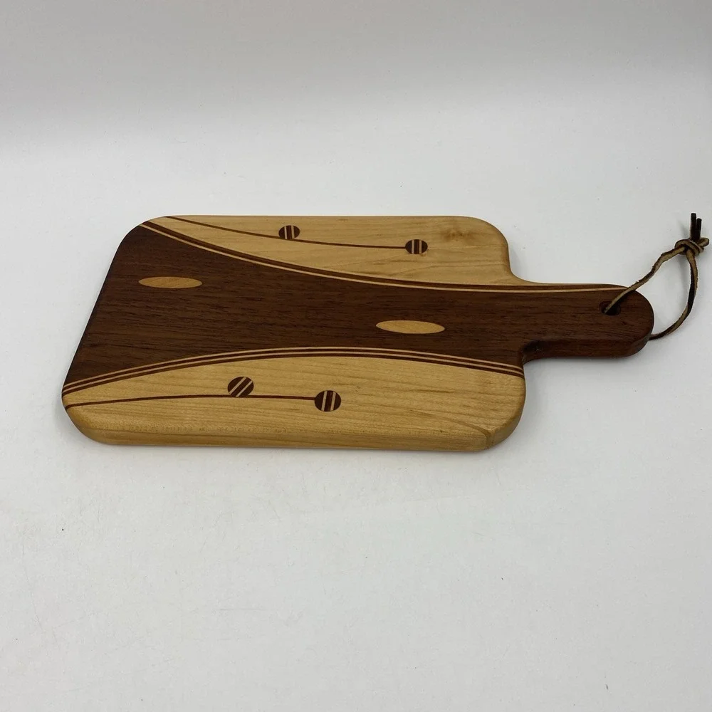 Handmade Wood Charcuterie Board Walnut Cherry Maple Small Round Inlay Cabin 6x9